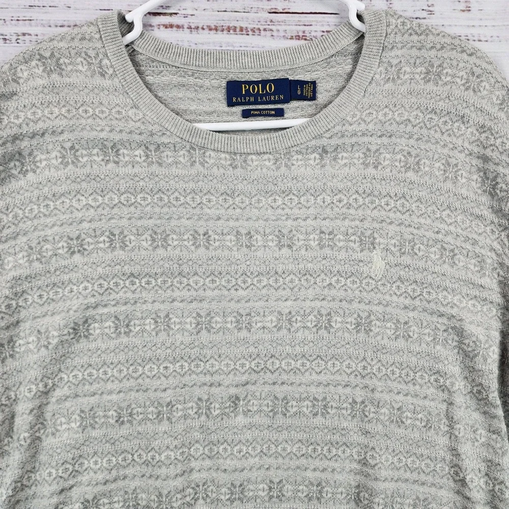 Polo Ralph Lauren Mens Grey Fair Isle‎ Knit Jumper Crew Neck Size Large L